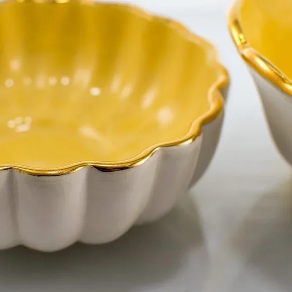 Vintage Porcelain Bowls | Bright Yellow and White with Gold Trim | Set of Bowls - Picture 3 of 6